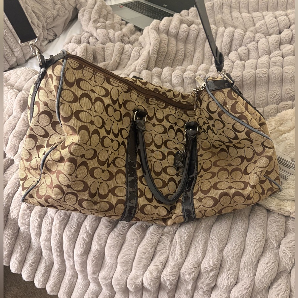 Coach Brown Signature Canvas Travel Duffel with Dark Brown Trim